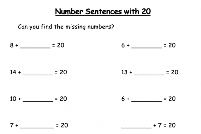 Missing Addend with Sum of 20 worksheet