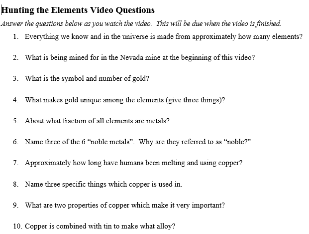 Hunting the Elements Video Questions